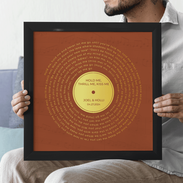 Personalized Gold Song Lyrics Framed Art Print, Orange Vinyl Record