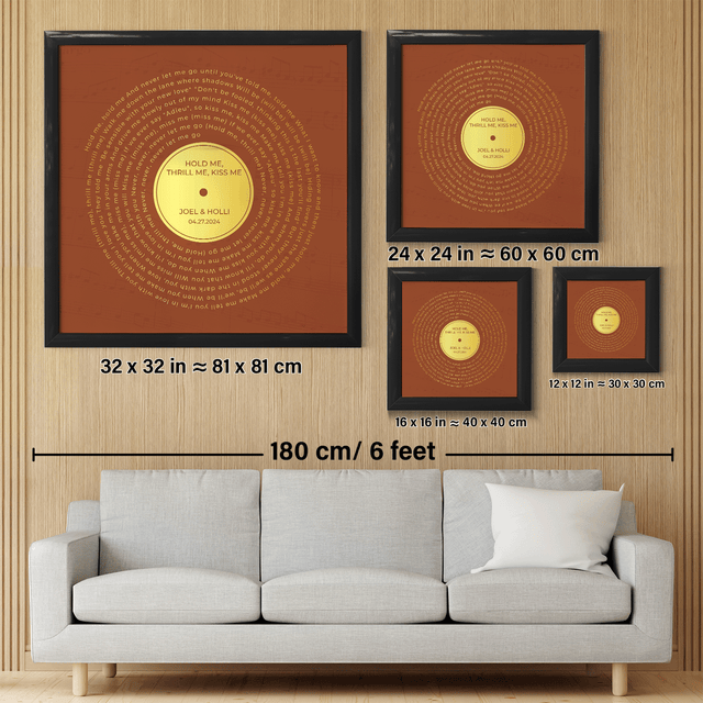 Personalized Gold Song Lyrics Framed Art Print, Orange Vinyl Record