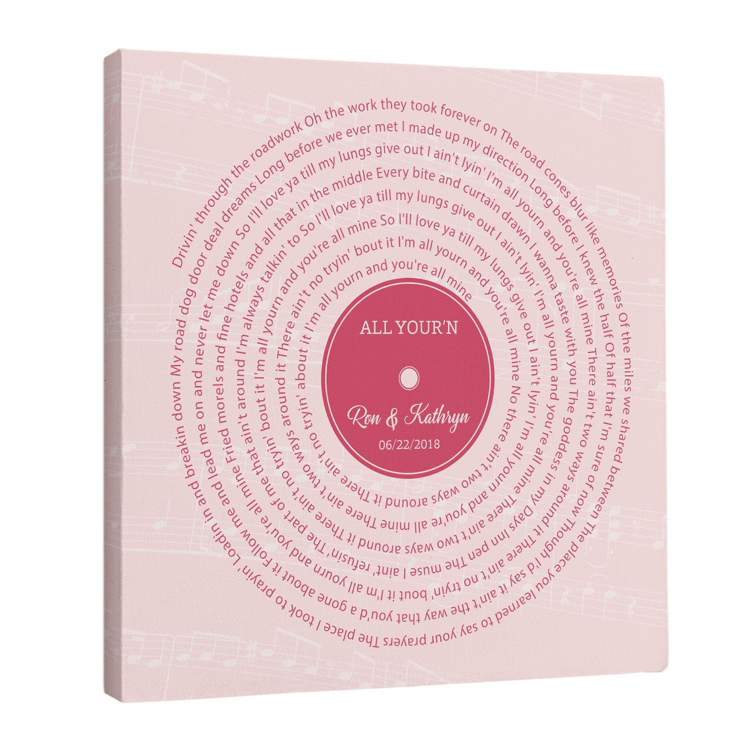 Pink Vinyl Record Canvas Print, Personalized Song Lyrics Canvas Wall Art