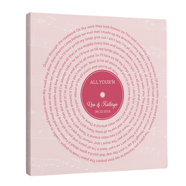 Pink Vinyl Record Canvas Print, Personalized Song Lyrics Canvas Wall Art