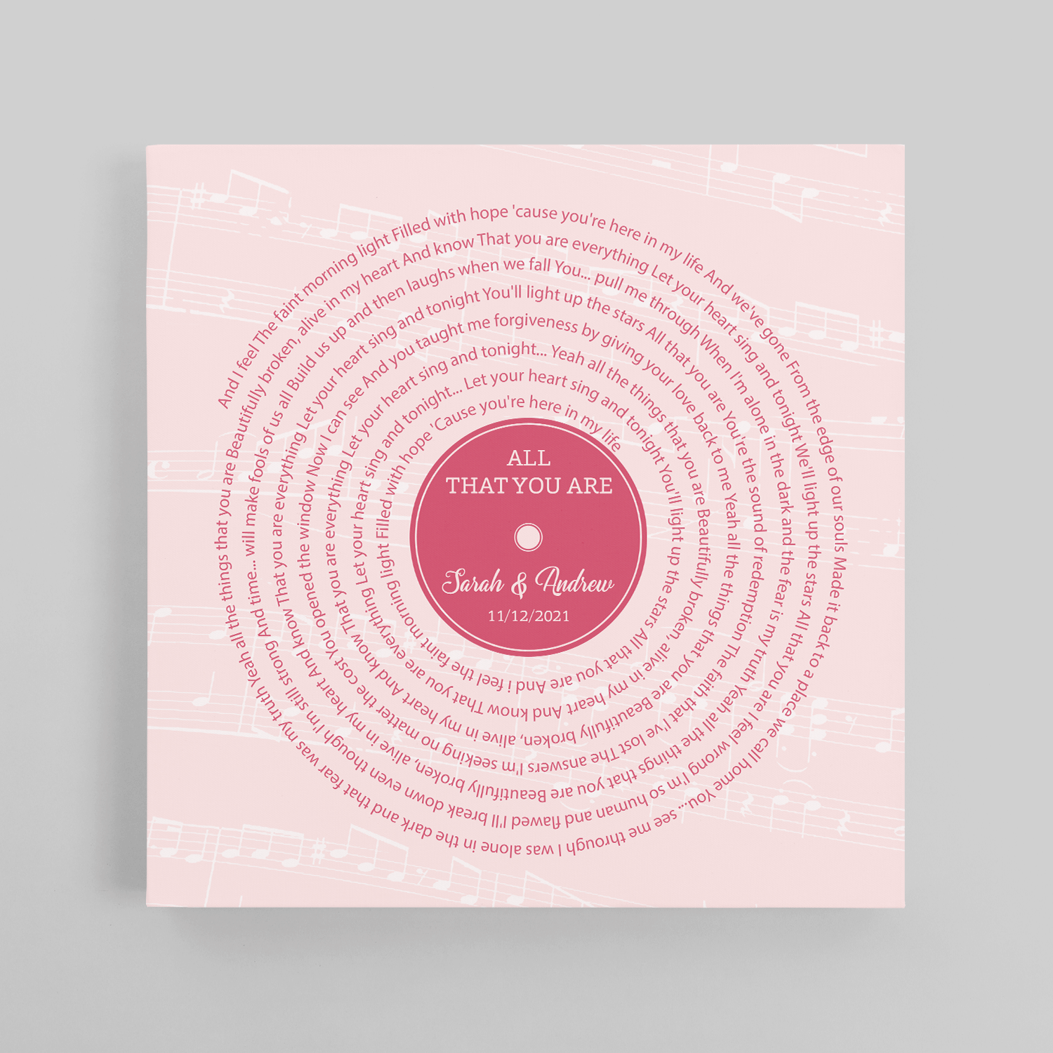 Pink Vinyl Record Canvas Print, Personalized Song Lyrics Canvas Wall Art
