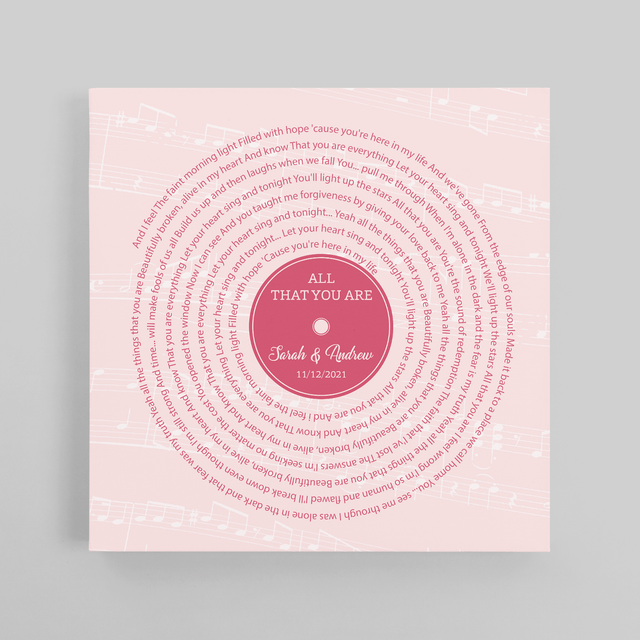 Pink Vinyl Record Canvas Print, Personalized Song Lyrics Canvas Wall Art