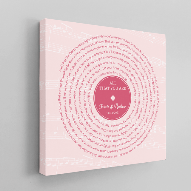 Pink Vinyl Record Canvas Print, Personalized Song Lyrics Canvas Wall Art
