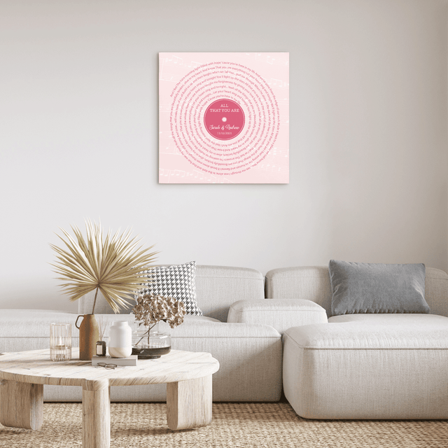 Pink Vinyl Record Canvas Print, Personalized Song Lyrics Canvas Wall Art