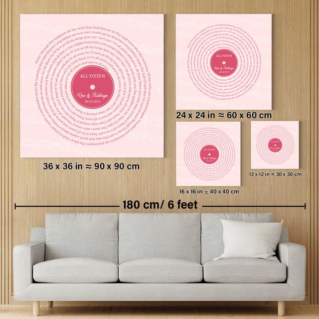 Pink Vinyl Record Canvas Print, Personalized Song Lyrics Canvas Wall Art
