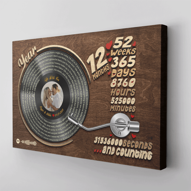 Romantic wall art showing 12 months together and favorite song