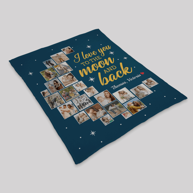 I Love You To The Moon And Back, Custom Photo Collage, 24 Pictures, Blanket