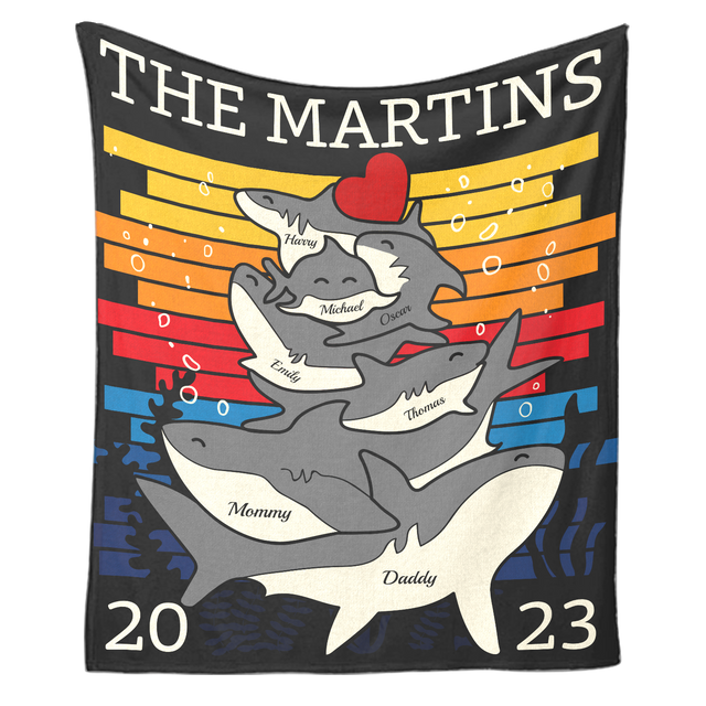 Personalized Shark Family Unity Puzzle Blanket, Custom Family Name and Members