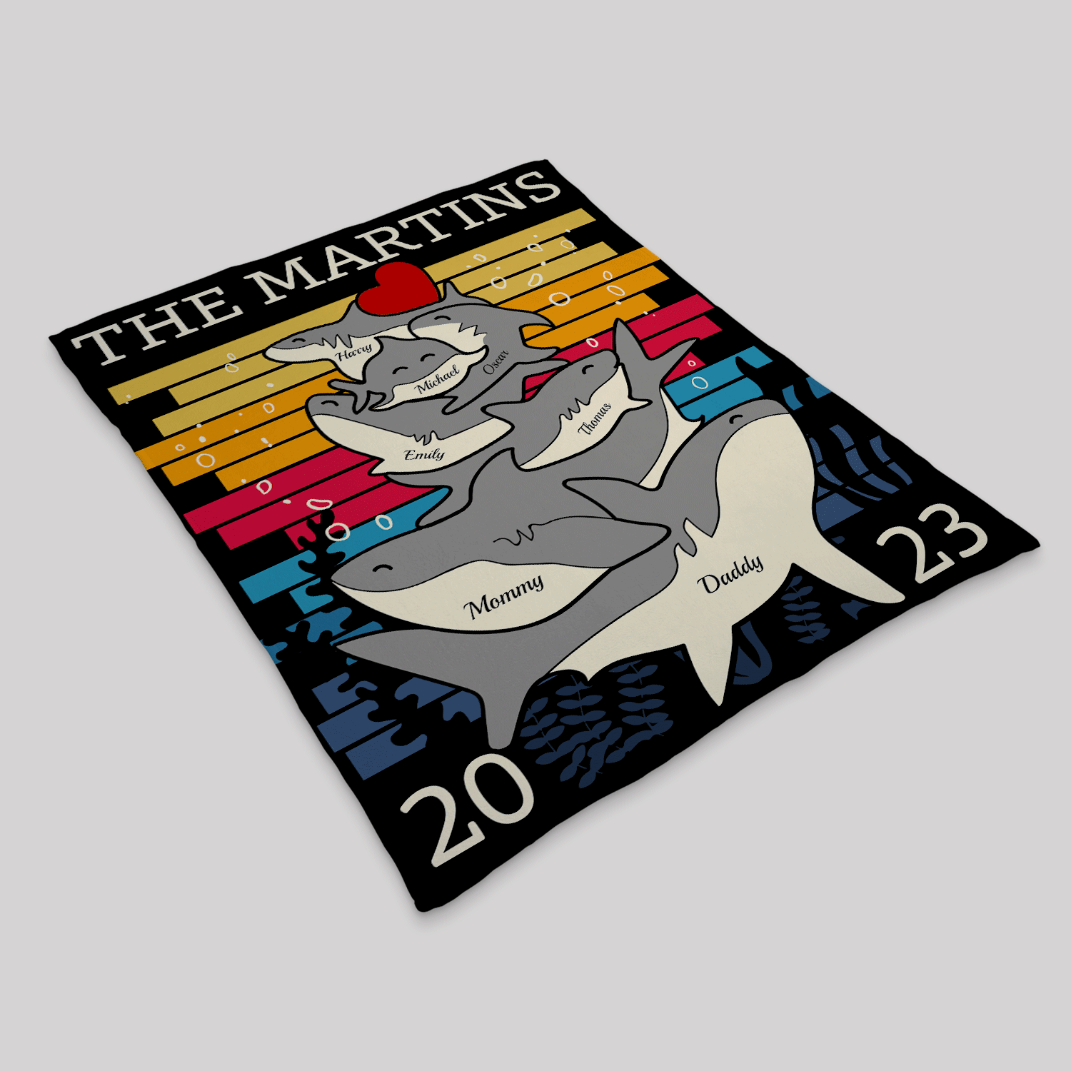 Personalized Shark Family Unity Puzzle Blanket, Custom Family Name and Members
