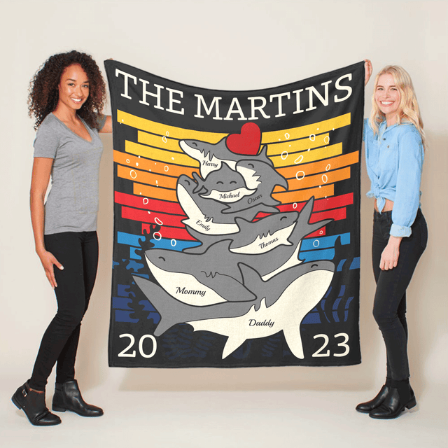 Personalized Shark Family Unity Puzzle Blanket, Custom Family Name and Members