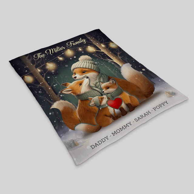 Fox Family Unity Puzzle Blanket, Customize Family Name & Member