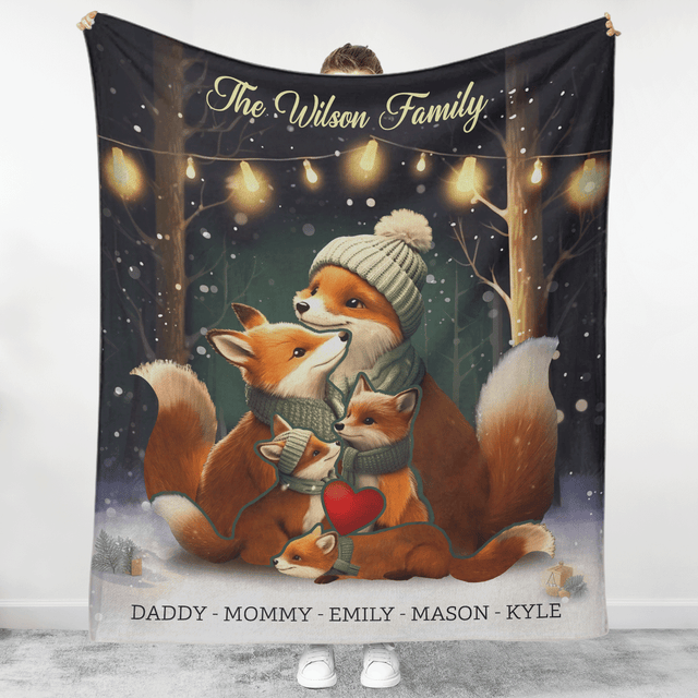 Fox Family Unity Puzzle Blanket, Customize Family Name & Member