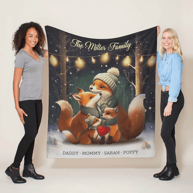Fox Family Unity Puzzle Blanket, Customize Family Name & Member