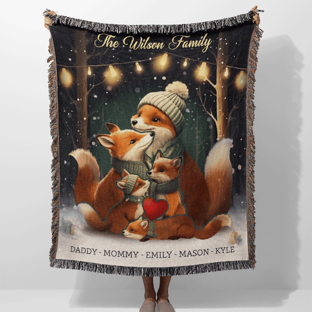 Fox Family Unity Puzzle Blanket, Customize Family Name & Member
