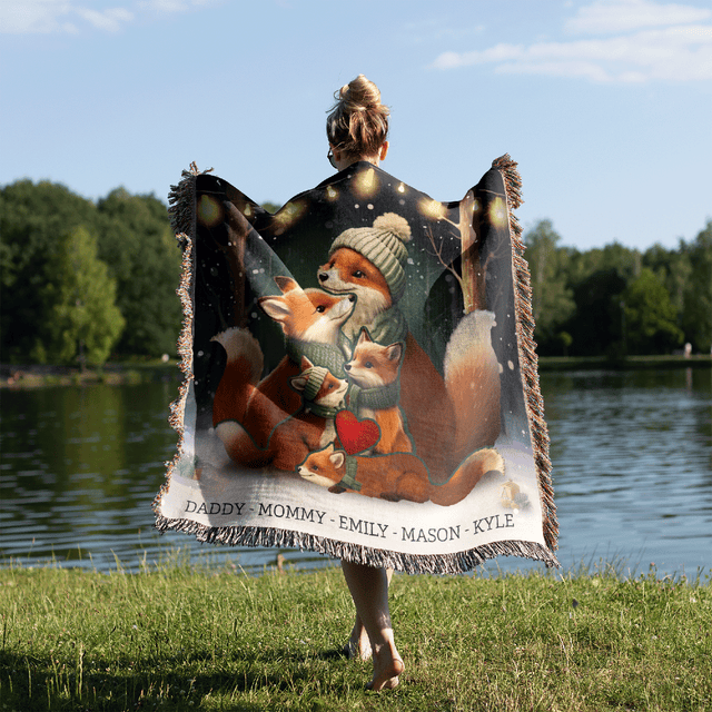 Fox Family Unity Puzzle Blanket, Customize Family Name & Member
