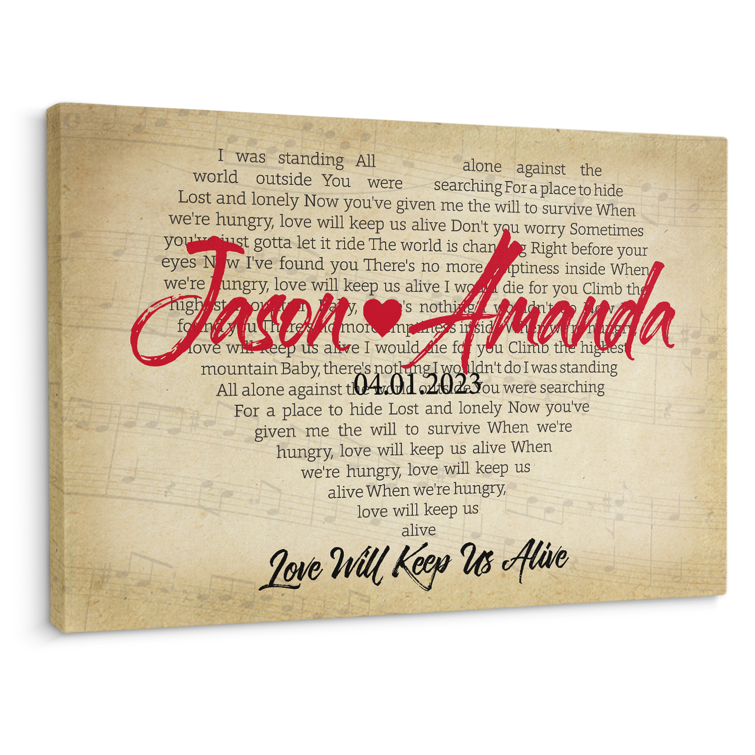 Personalized Song Lyrics Canvas with Vintage Background, Lyrics In Heart Shape
