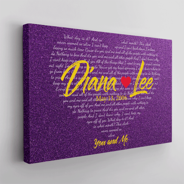 Purple Heart-Shaped Canvas Print, Customize Song Lyrics & Name Wall Art
