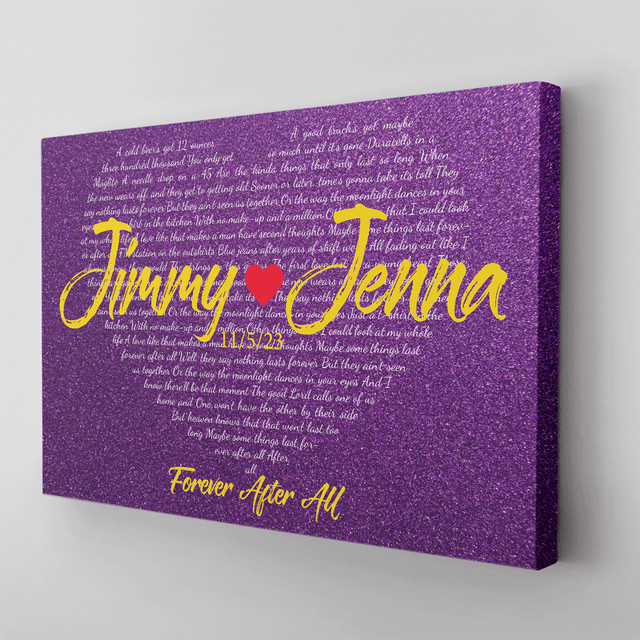Purple Heart-Shaped Canvas Print, Customize Song Lyrics & Name Wall Art