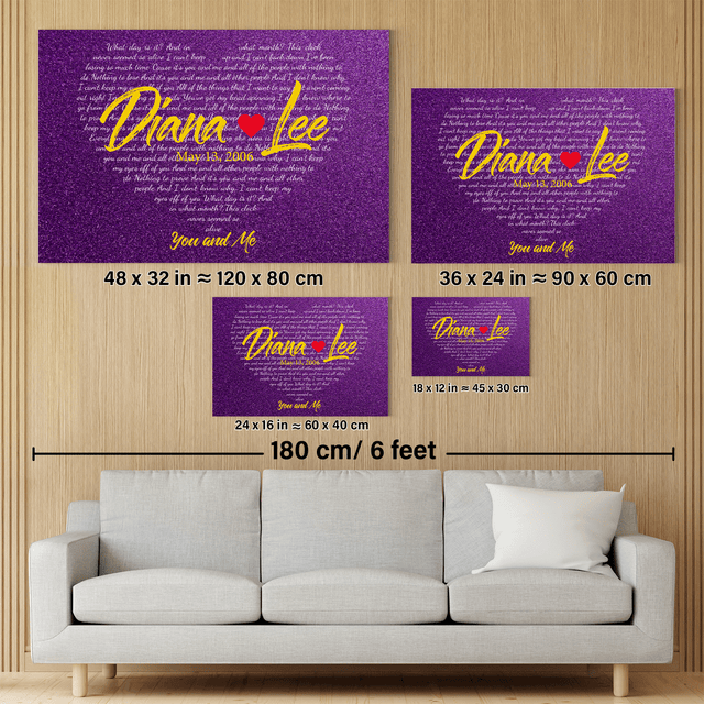 Purple Heart-Shaped Canvas Print, Customize Song Lyrics & Name Wall Art