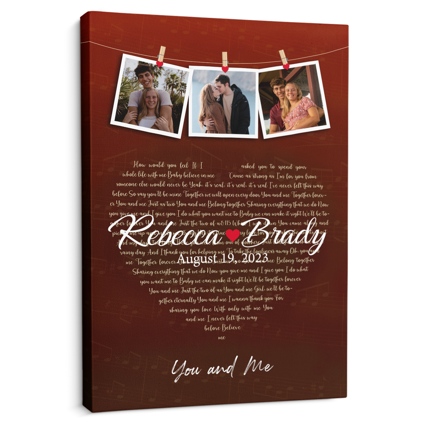 Red Heart-Shaped Canvas Print, Customize Song Lyrics & Name Wall Art