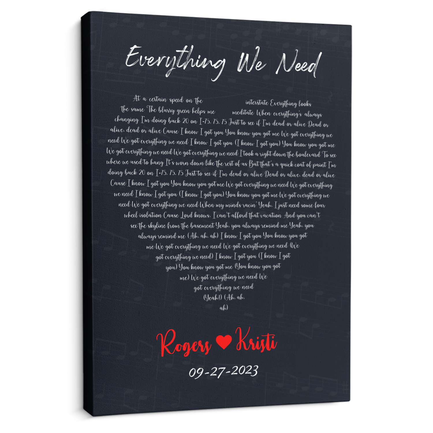 Lyrics In Heart Shape, Personalized Song & Name Canvas, Navy Background