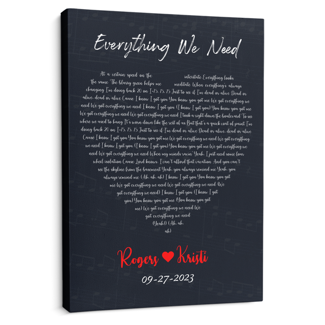 Lyrics In Heart Shape, Personalized Song & Name Canvas, Navy Background