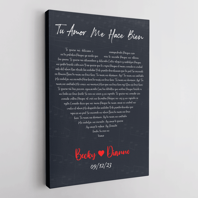 Lyrics In Heart Shape, Personalized Song & Name Canvas, Navy Background