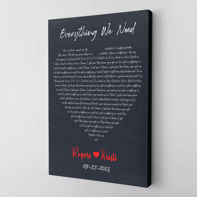 Lyrics In Heart Shape, Personalized Song & Name Canvas, Navy Background