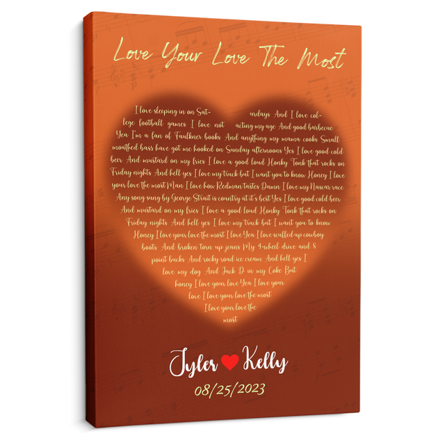 Orange Heart-Shaped Canvas Print, Customize Song Lyrics & Name Wall Art