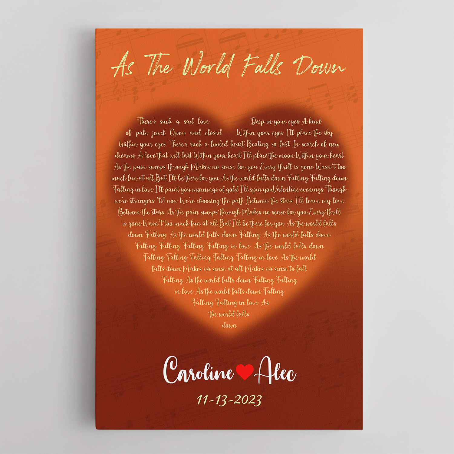 Orange Heart-Shaped Canvas Print, Customize Song Lyrics & Name Wall Art