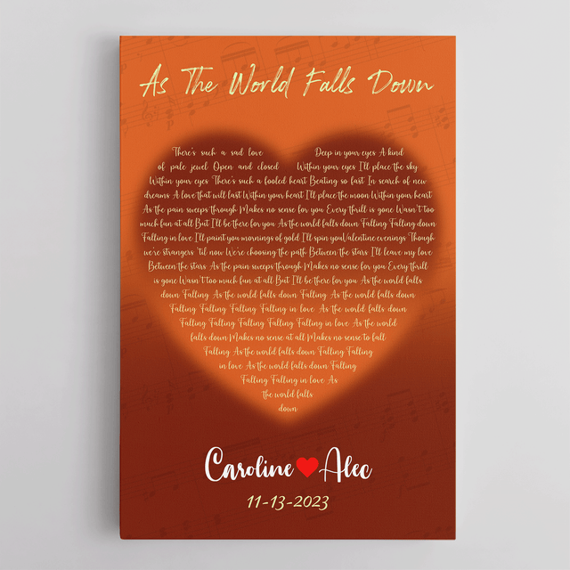 Orange Heart-Shaped Canvas Print, Customize Song Lyrics & Name Wall Art