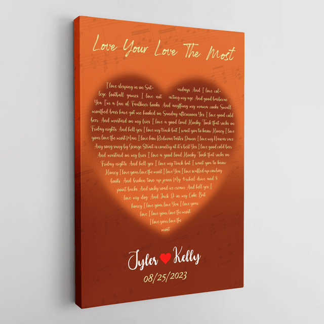 Orange Heart-Shaped Canvas Print, Customize Song Lyrics & Name Wall Art