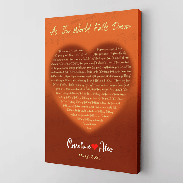 Orange Heart-Shaped Canvas Print, Customize Song Lyrics & Name Wall Art