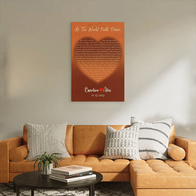 Orange Heart-Shaped Canvas Print, Customize Song Lyrics & Name Wall Art