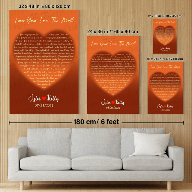 Orange Heart-Shaped Canvas Print, Customize Song Lyrics & Name Wall Art