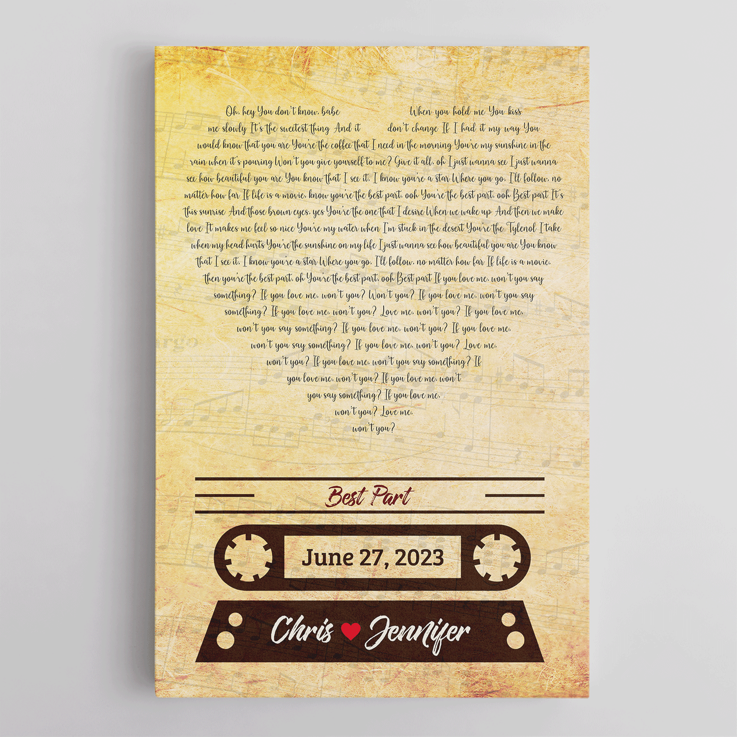 Custom Song Lyrics And Text, Heart Shape, Canvas Wall Art