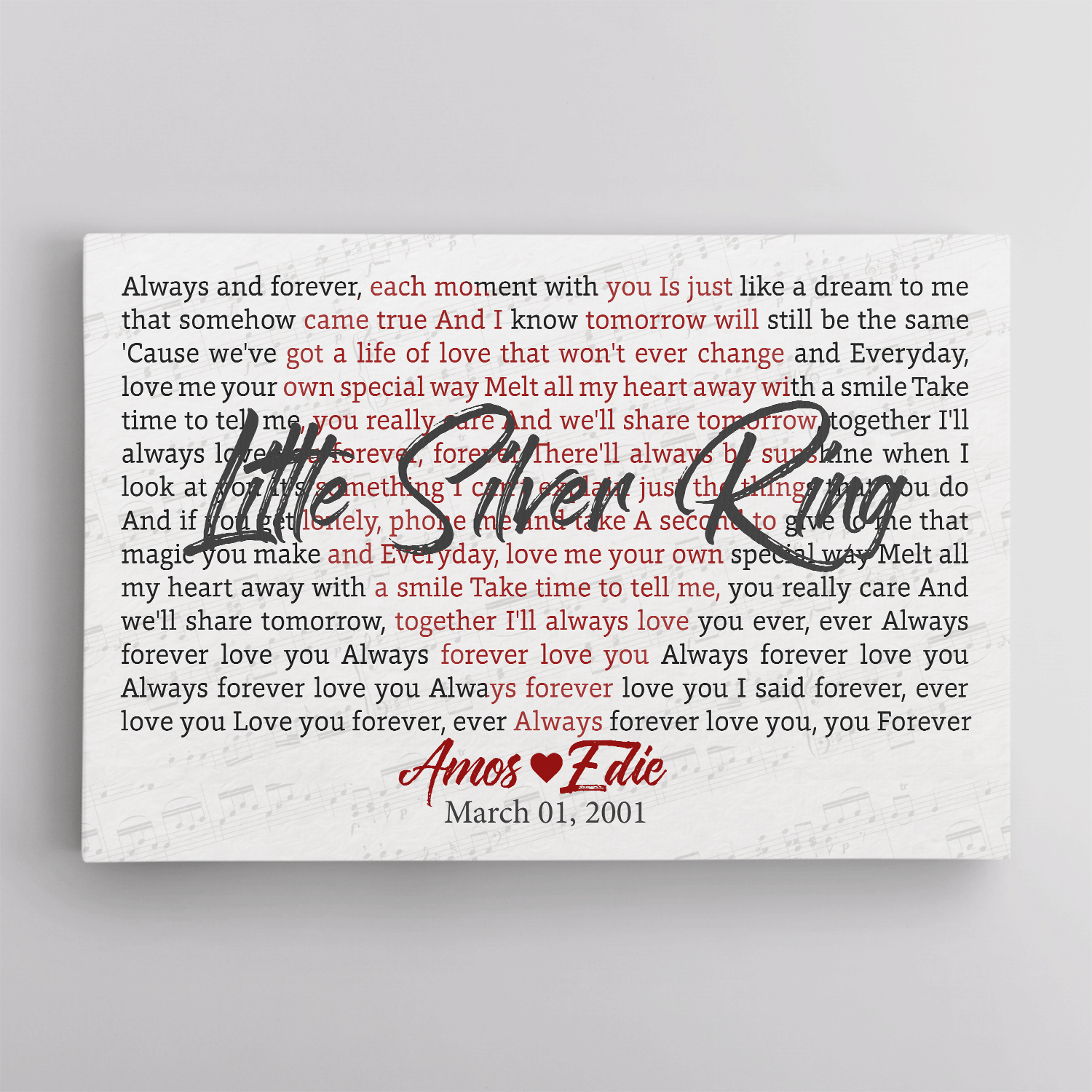 Custom Song Lyrics, Heart Shape, Custom Name And Song Name, Canvas Wall Art