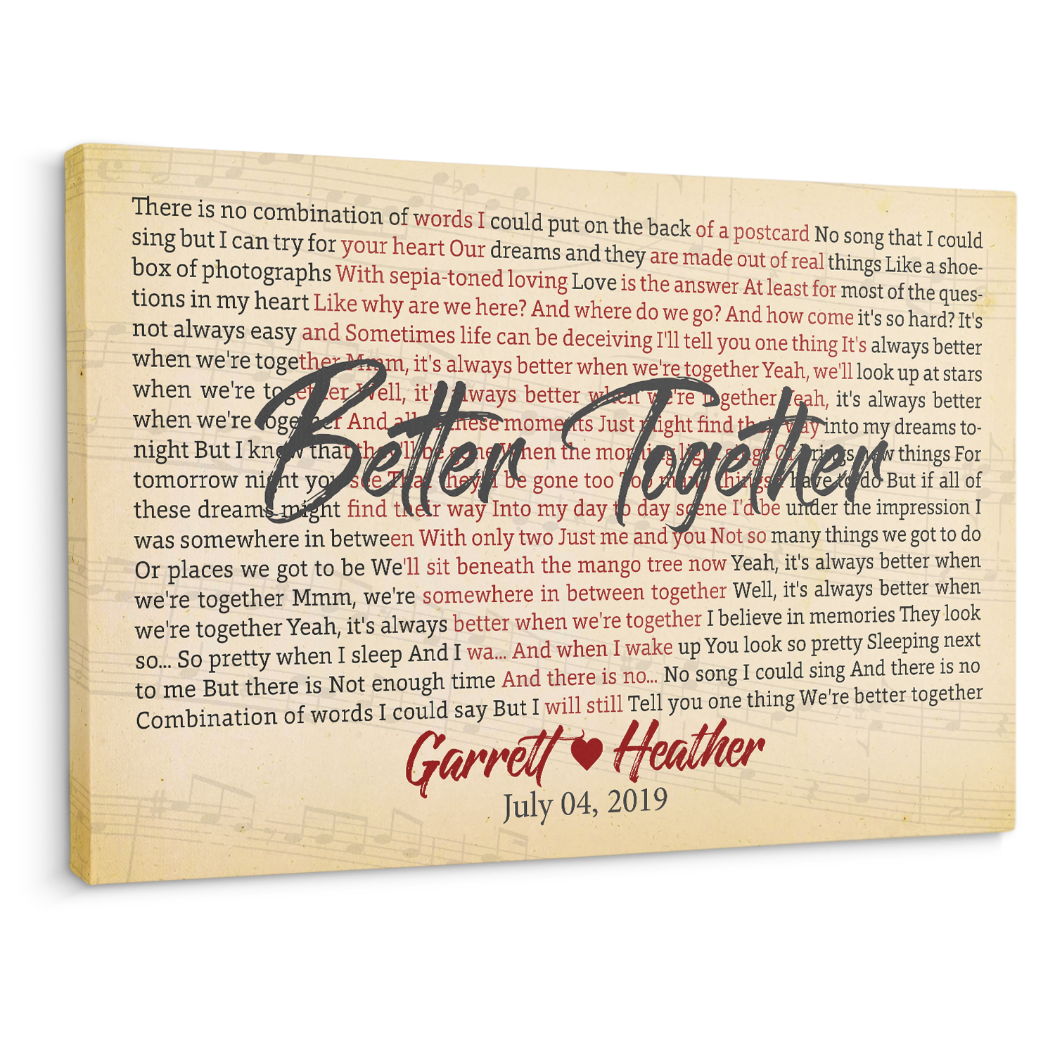 Custom Song Lyrics, Heart Shape, Customizable Name And Song Name, Canvas Wall Art