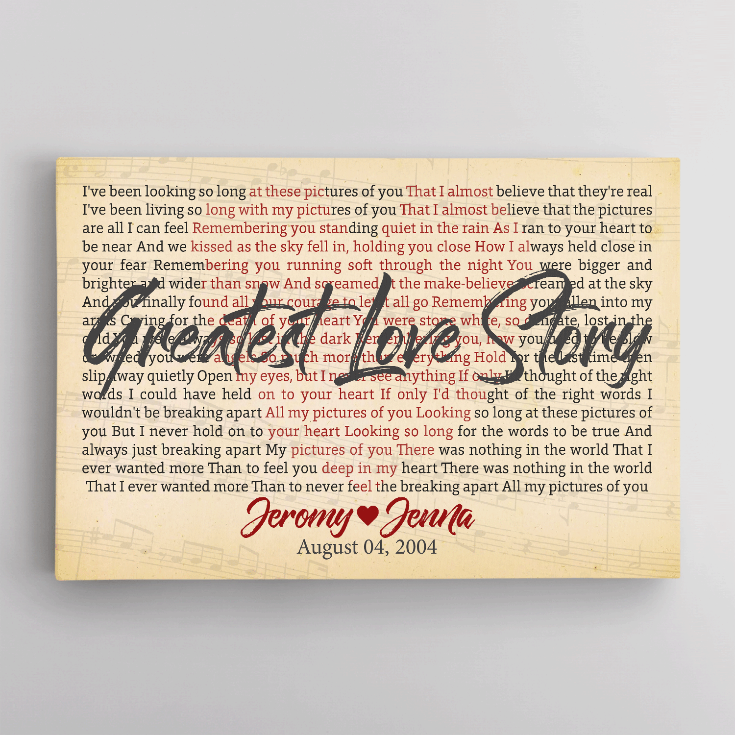 Custom Song Lyrics, Heart Shape, Customizable Name And Song Name, Canvas Wall Art