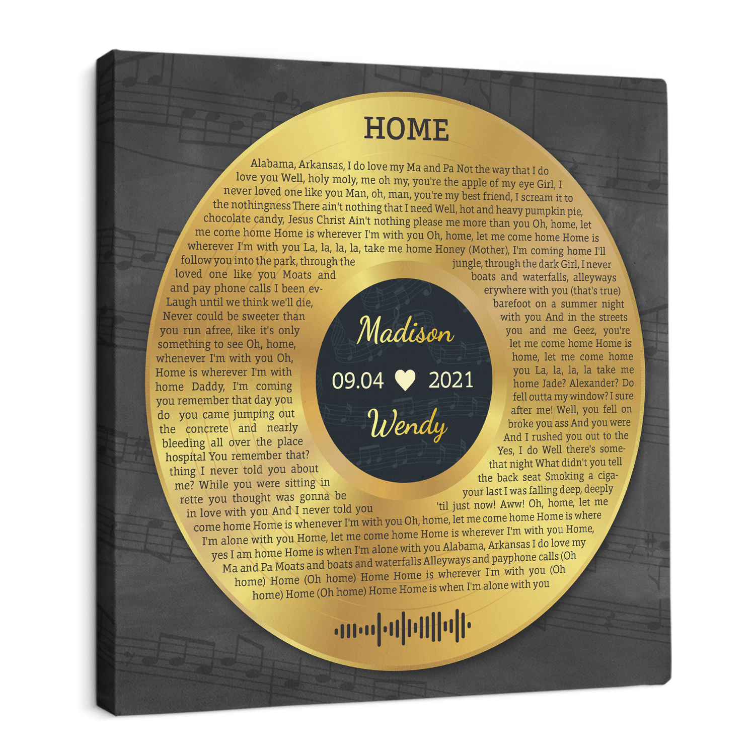 Custom Song Lyrics And Text, Vinyl Record Art, Gold Style, Canvas Wall Art
