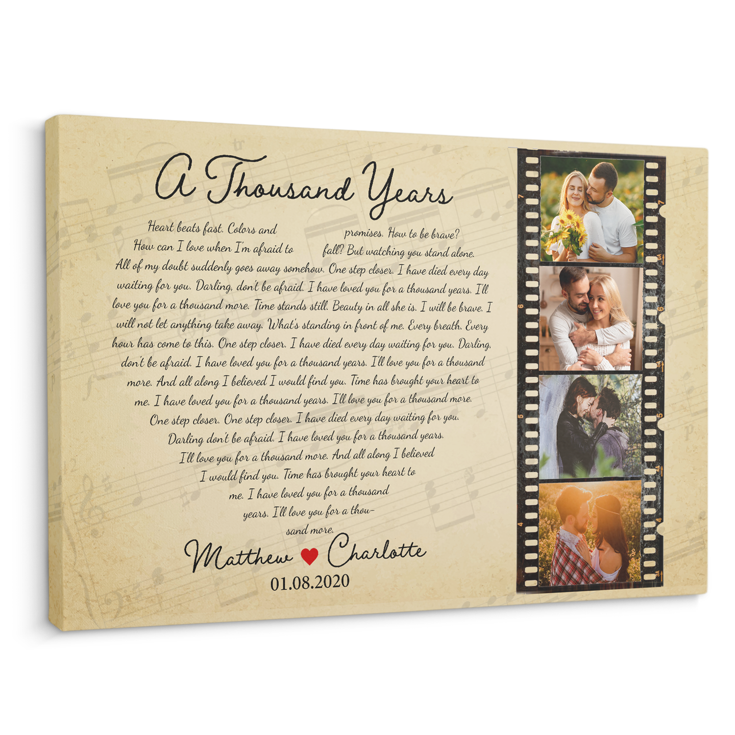 Custom Song Lyrics Heart Shape, Photo Collage On Roll Film, 4 Pictures Canvas