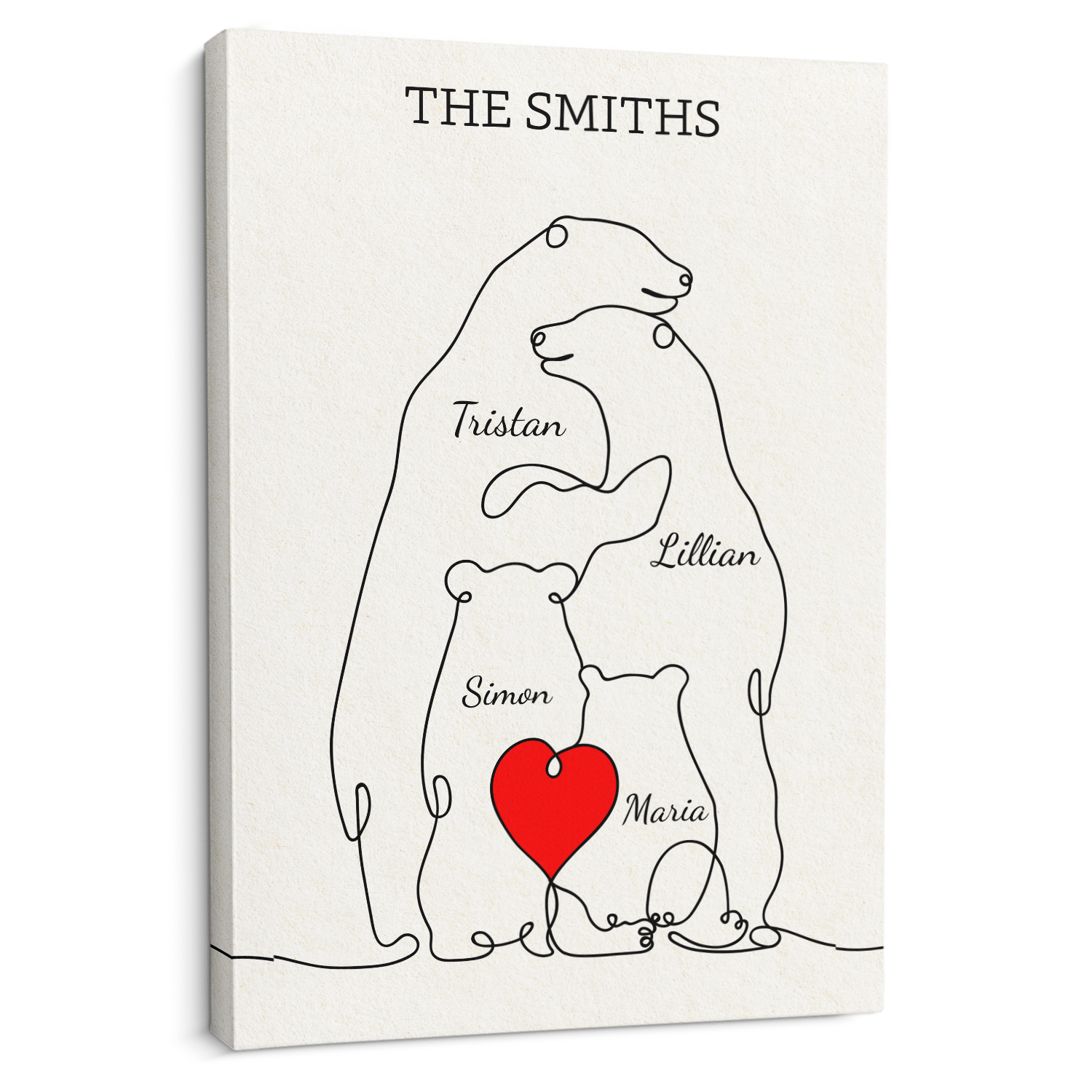 Family Bear Love Canvas, One Line Art Style with Custom Family Name