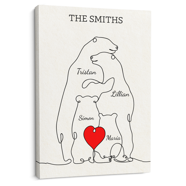 Family Bear Love Canvas, One Line Art Style with Custom Family Name