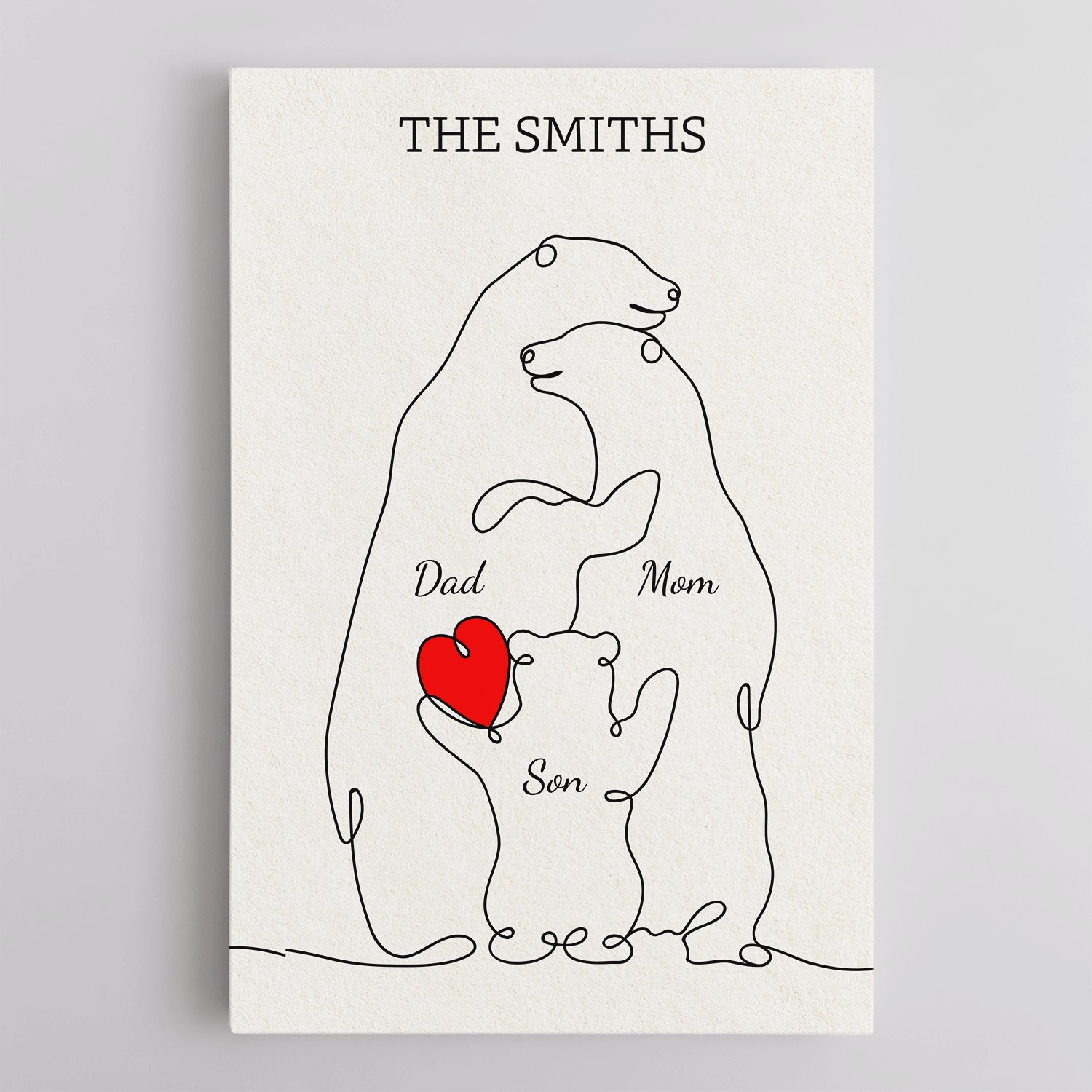 Family Bear Love Canvas, One Line Art Style with Custom Family Name