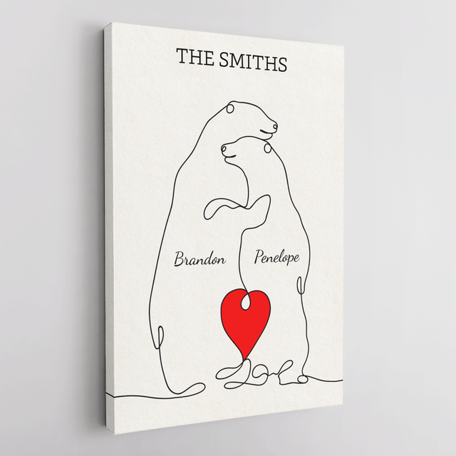 Family Bear Love Canvas, One Line Art Style with Custom Family Name