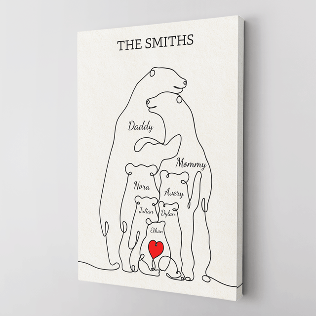 Family Bear Love Canvas, One Line Art Style with Custom Family Name