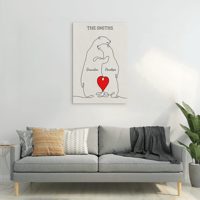 Family Bear Love Canvas, One Line Art Style with Custom Family Name