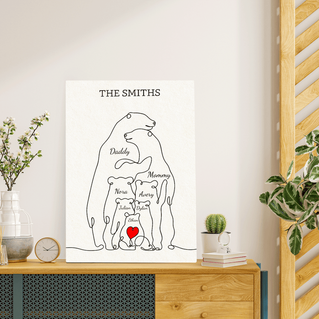 Family Bear Love Canvas, One Line Art Style with Custom Family Name
