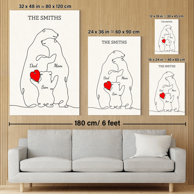 Family Bear Love Canvas, One Line Art Style with Custom Family Name
