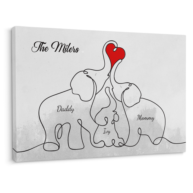 Elephant Family Love Canvas, One Line Art Style, Custom Family Name
